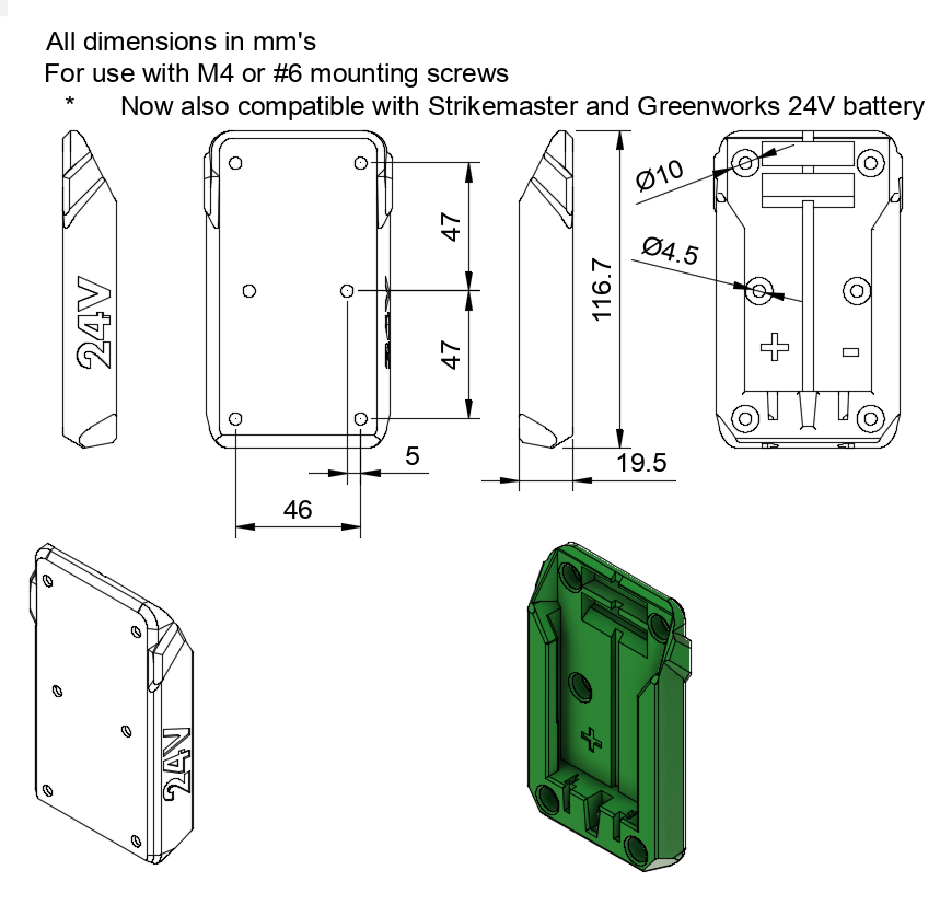 XT adapter for Greenworks 24V or strikemaster or creabest battery