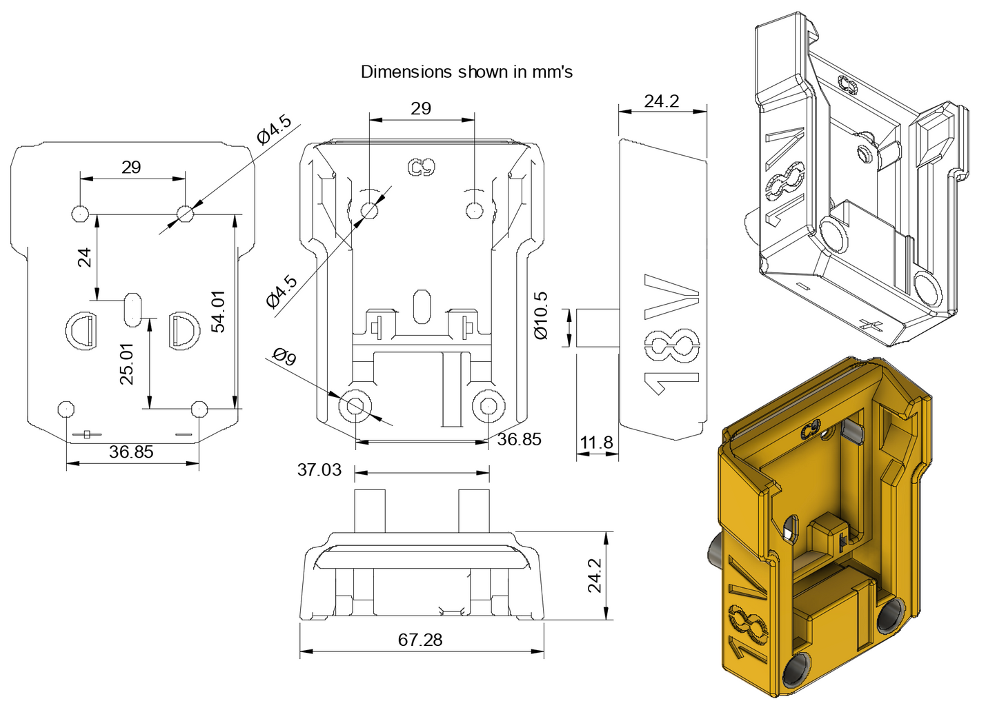Industrial Right Angle adapter for Milwaukee 18V battery