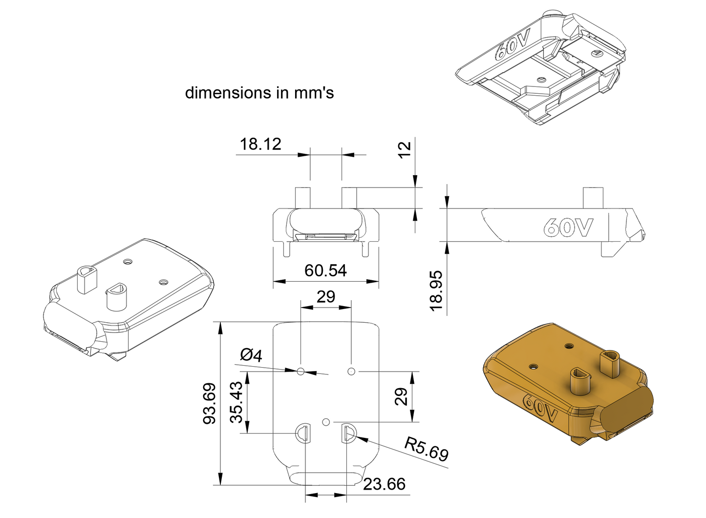 D60RN Industrial Right Angle adapter for Dewalt 60V MAX battery