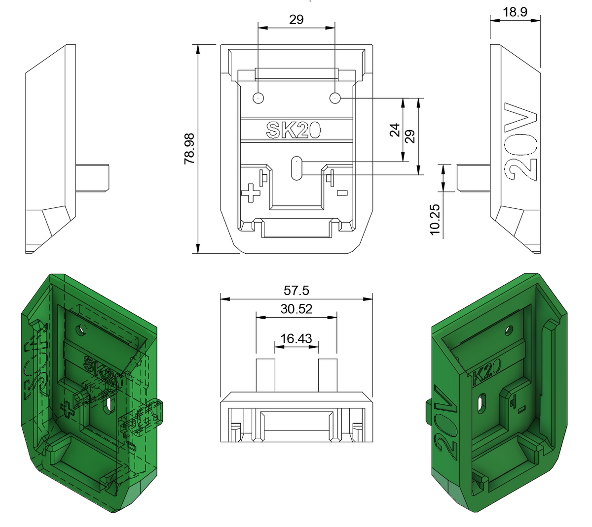SK20R Right Angle  adapter for SKIL 20V PWR Core Power battery